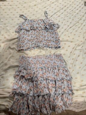 Girls Light Blue Floral Ruffle Matching Set - Two-Piece Outfit